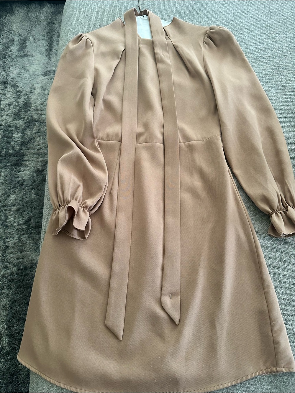 Long-Sleeve Tie-Neck Dress in Camel